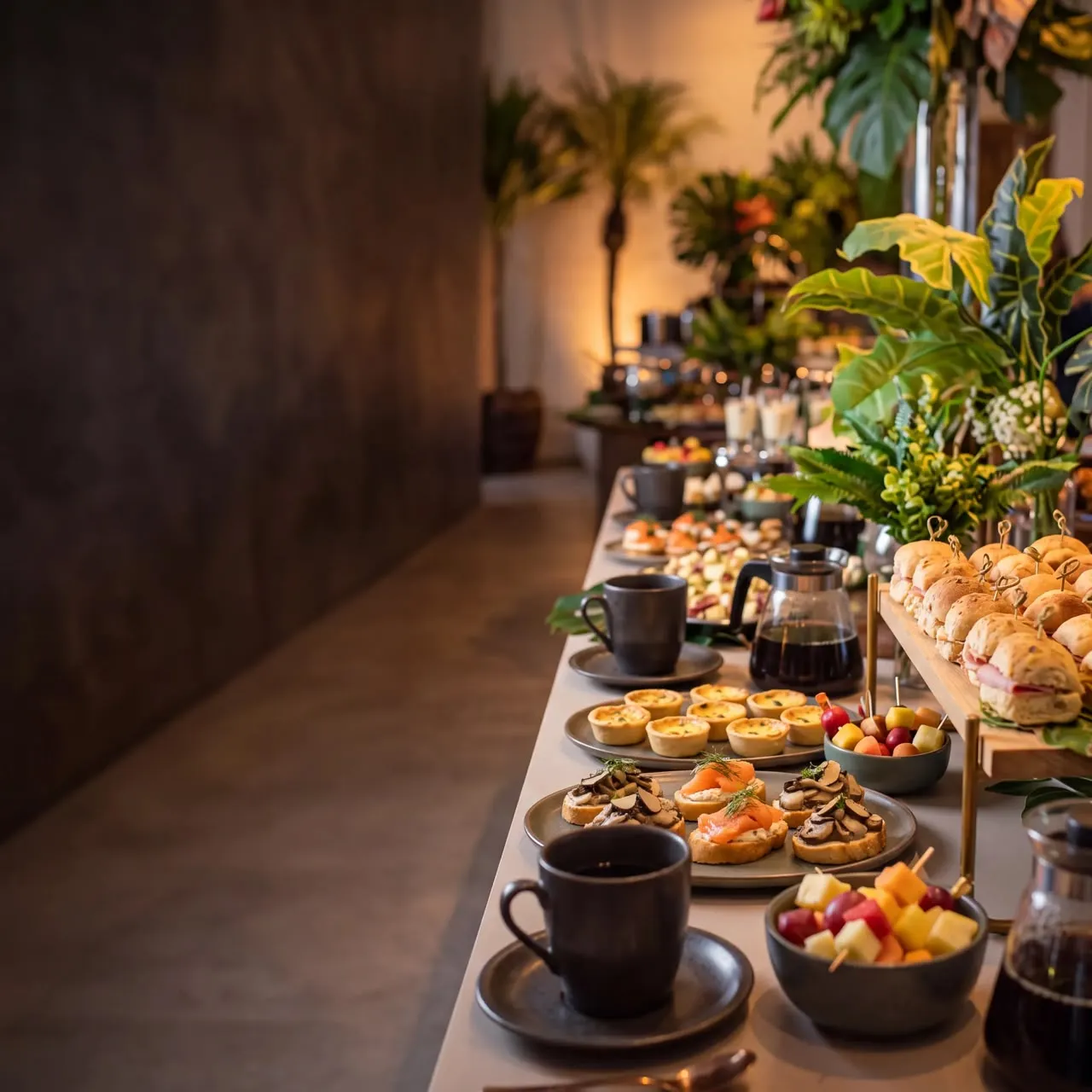 Mesa de coffee break com café, quiches, canapés de salmão e frutas